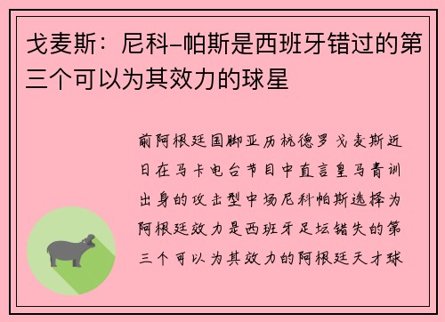 戈麦斯：尼科-帕斯是西班牙错过的第三个可以为其效力的球星